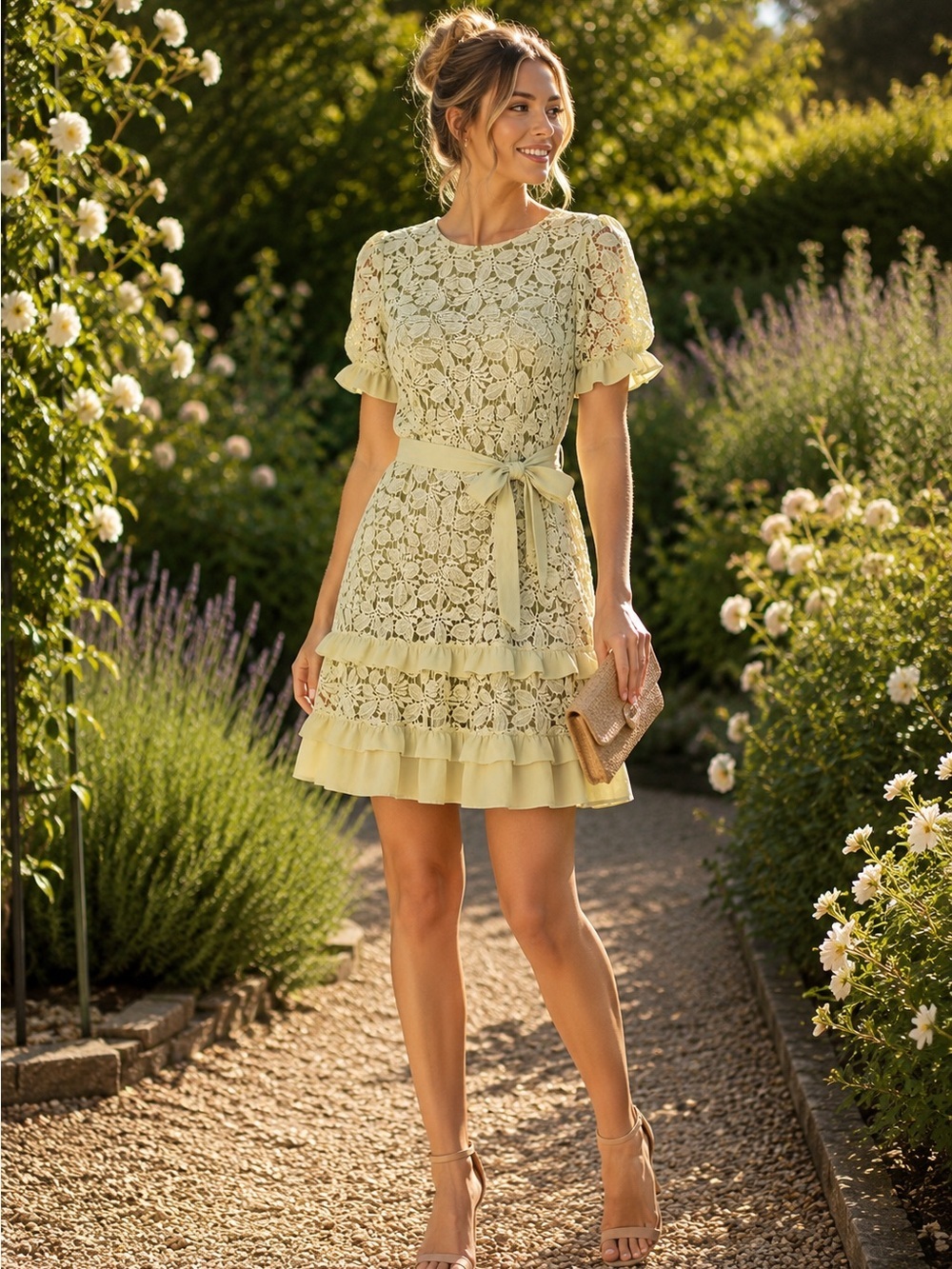 Alice Blue Lace Tiered Ruffle Dress in Lime Green
